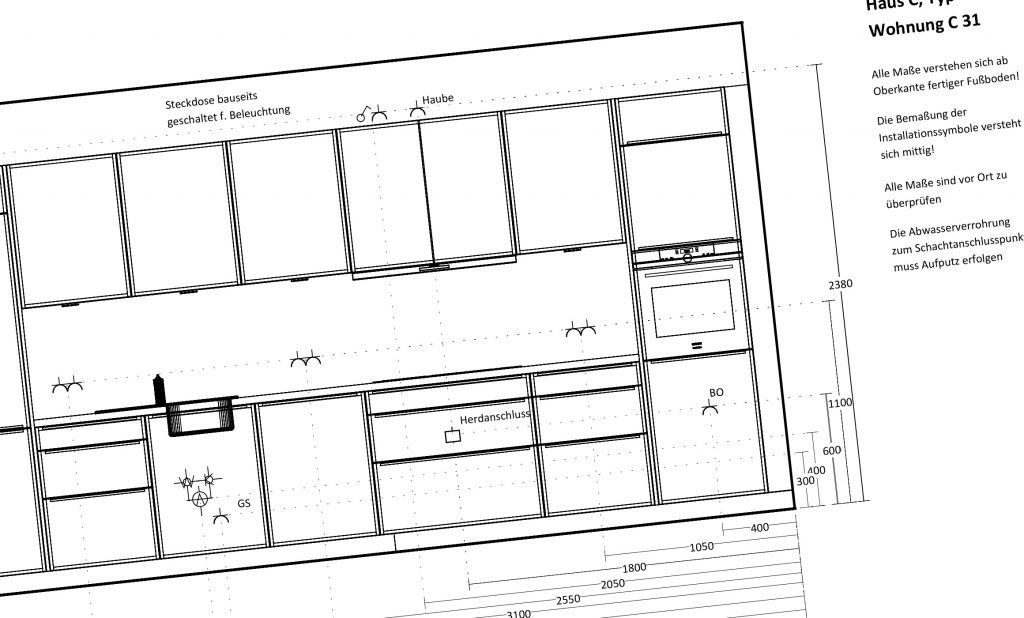 Installationsplan einer Küchenansicht mit Maßen vom Hummel Küchenwerk.