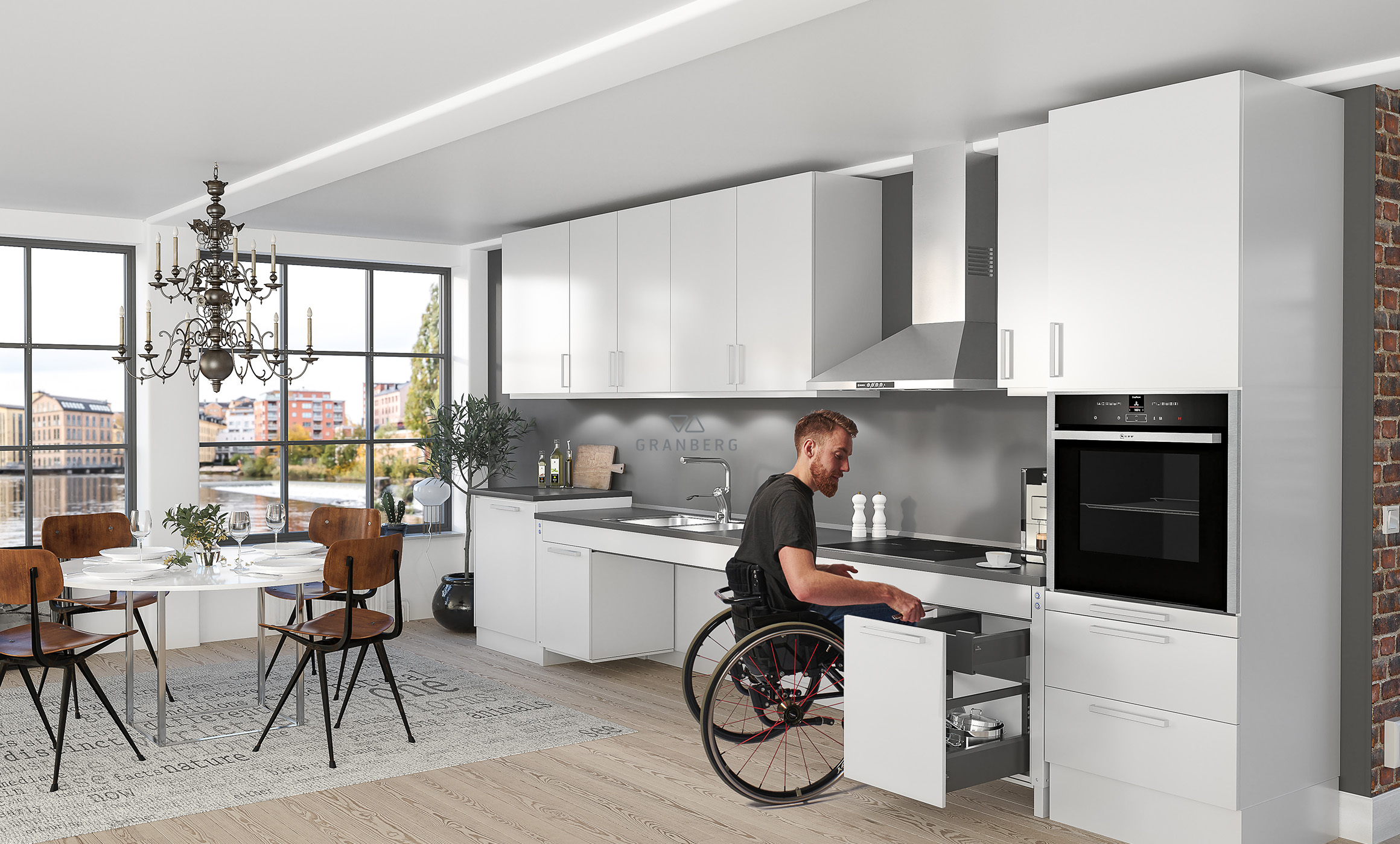 Barrierefreie Küchen, Rollstuhlfahrer an unterfahrbarer, höhenverstellbarer Arbeitsfläche vom Hummel Küchenwerk Norderstedt